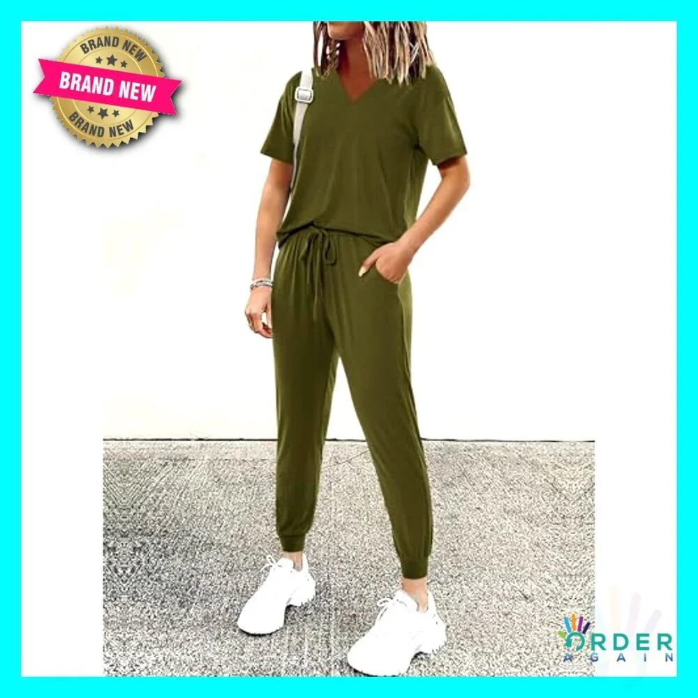 V-Neck Short Sleeve Tops Long Pants Tracksuit Lounge Jogger Set with Pockets